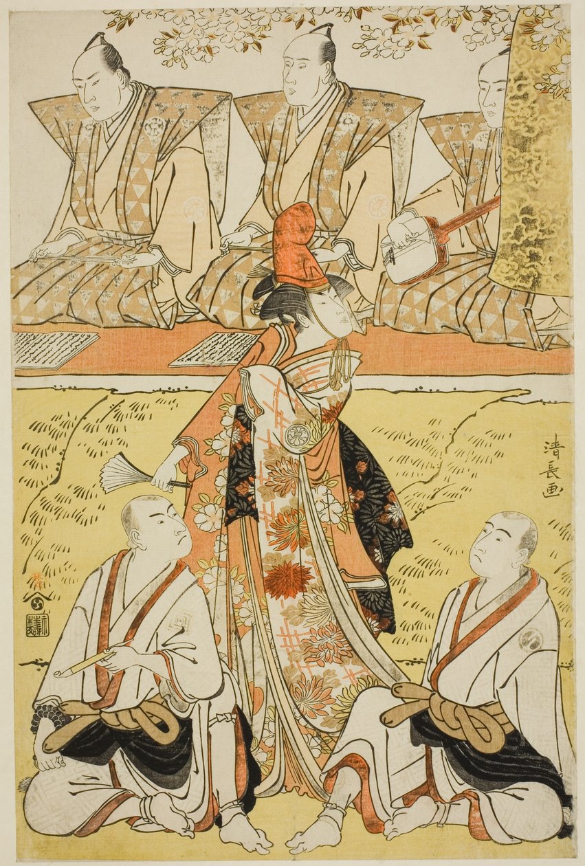 The Actors Segawa Kikunojo III as Koito, Sawamura Sojuro III as the monk Sainenbo, and Ichikawa Monnosuke II as the monk Renseibo, in the shosa "Mata Saku Hana Museume Dojoji," performed at the Nakamura Theater in the fourth month, 1783 作： 清永鳥居