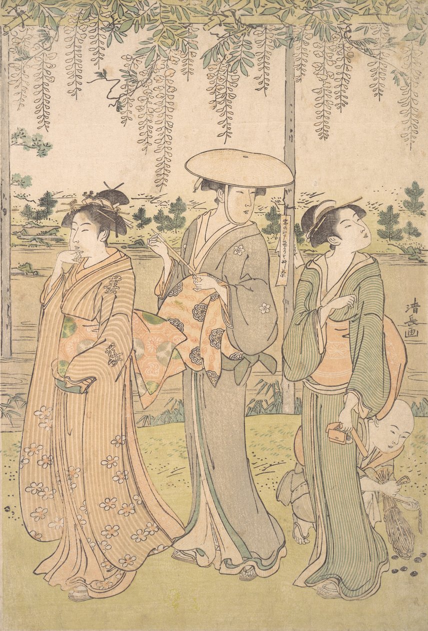 小川のほとりの藤棚の下にいる3人の女性と小さな男の子、1790年頃。 作： 清永鳥居