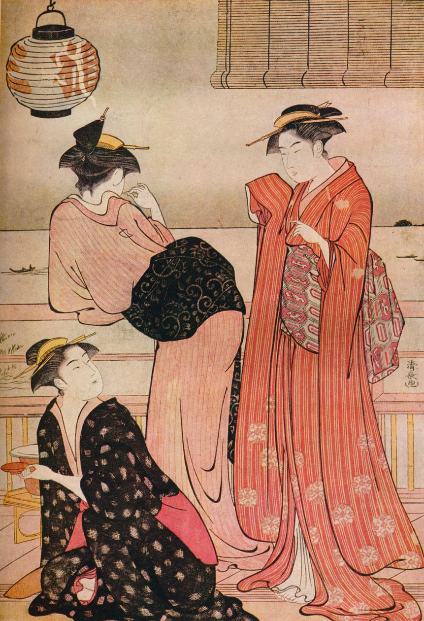 品川の江戸湾を見下ろす茶屋のベランダに立つ3人の少女、c1752-1815 作： 清永鳥居
