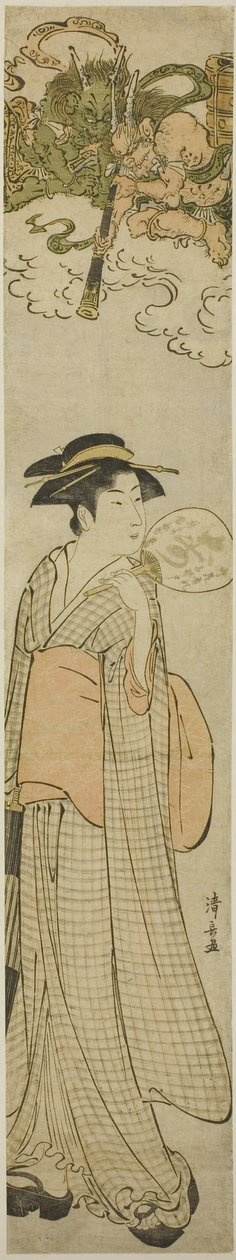 望遠鏡で美人をのぞく雷神 作： 清永鳥居