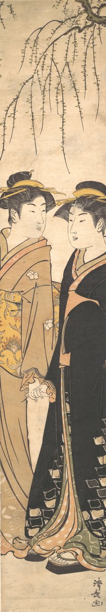 手をつないで歩く 2 人の背の高い若い女性、カリフォルニア州。 1785年。 作： 清永鳥居