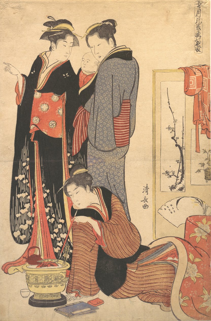 子供を抱いて立つ二人の女性、1785年頃 作： 清永鳥居