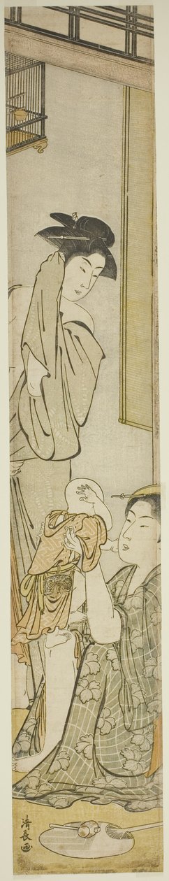 入浴後の2人の女性と子供 作： 清永鳥居