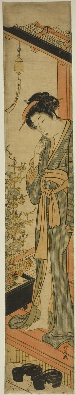 歯を磨きながら朝顔を眺める女性 作： 清永鳥居