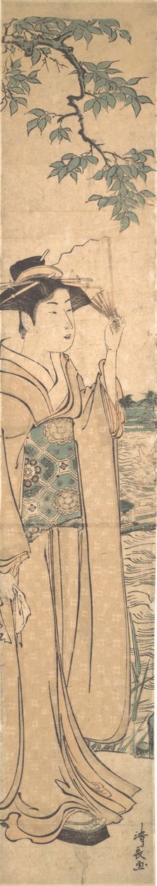 隅田川のほとりで扇子を持つ女性。 作： 清永鳥居