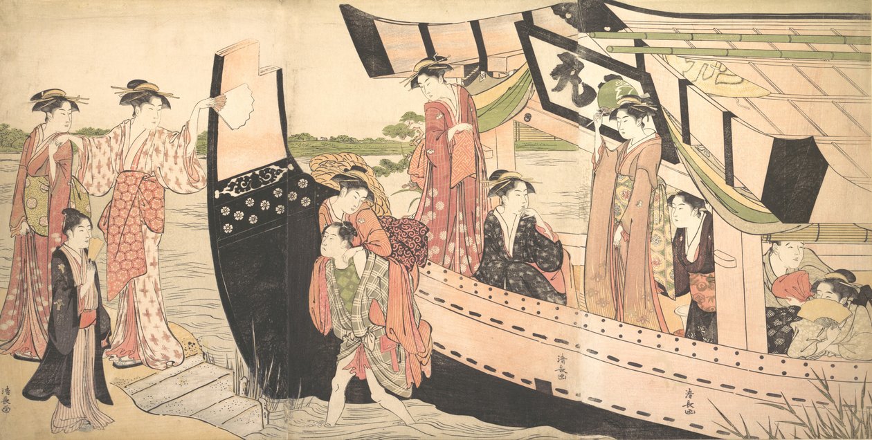 隅田川の向島で岸に引き上げられた遊覧船から上陸する女性たち, ..., ca. 1785年。 作： 清永鳥居