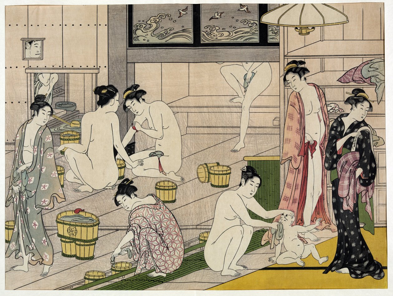 銭湯の女性たち。鳥居清長（1752-1815）による1785年頃の日本の版画。鳥居派（浮世絵または浮世絵）。 作： 清永鳥居