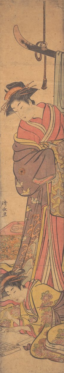 手紙を書いている別の人の肩越しに見ている若い女性。 作： 清永鳥居
