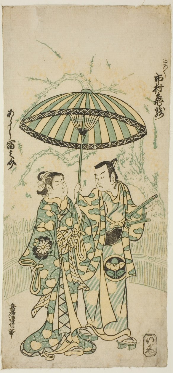 The Actors Ichimura Kamezo I as Kanto Koroku and Arashi Tominosuke I as Hayasaki in the play "Hokazo Yunzei Hachinoki," performed at the Ichimura Theater in the eleventh month, 1748 作： 二代目鳥居清信