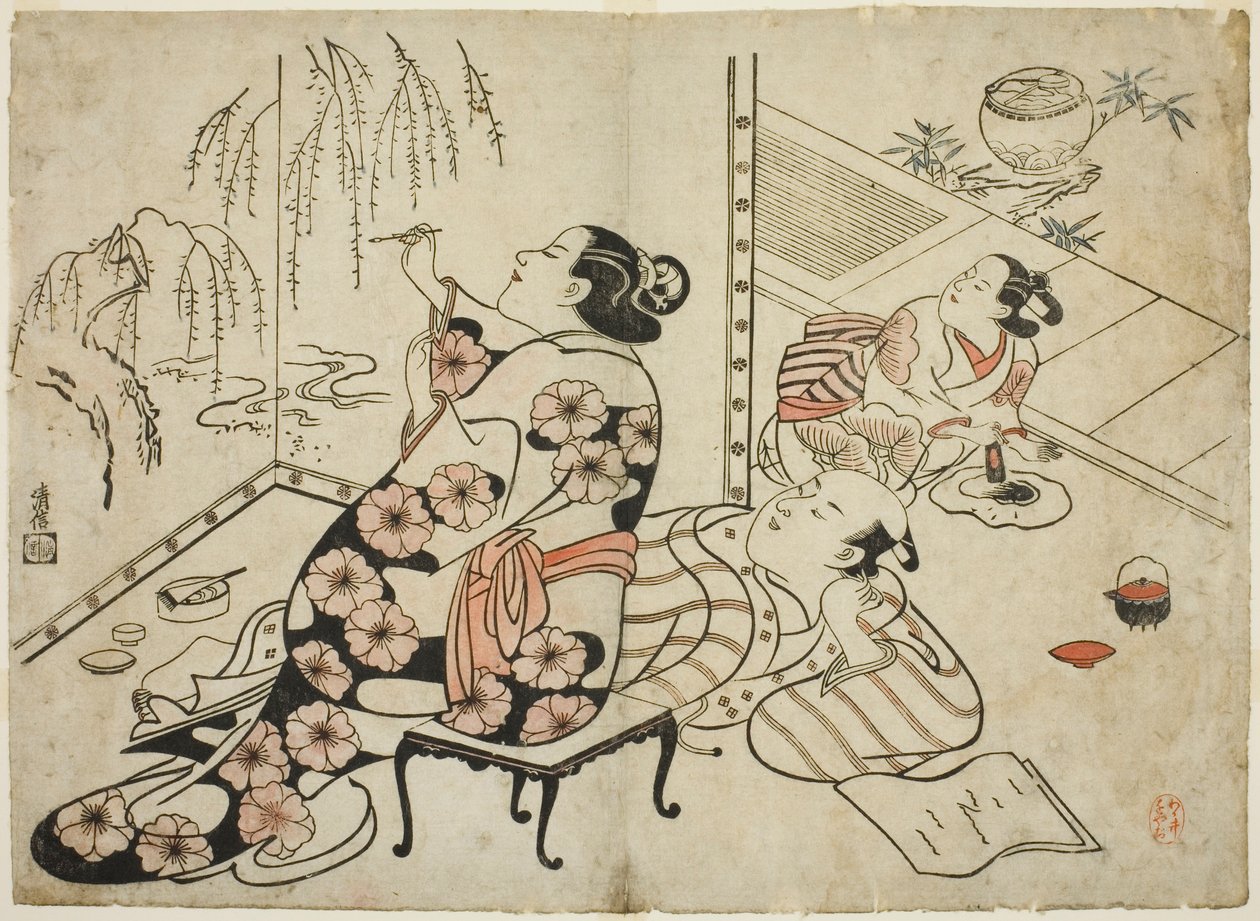 花魁絵屏風、12のエロチックな版画のシリーズから 作： 鳥居清信I