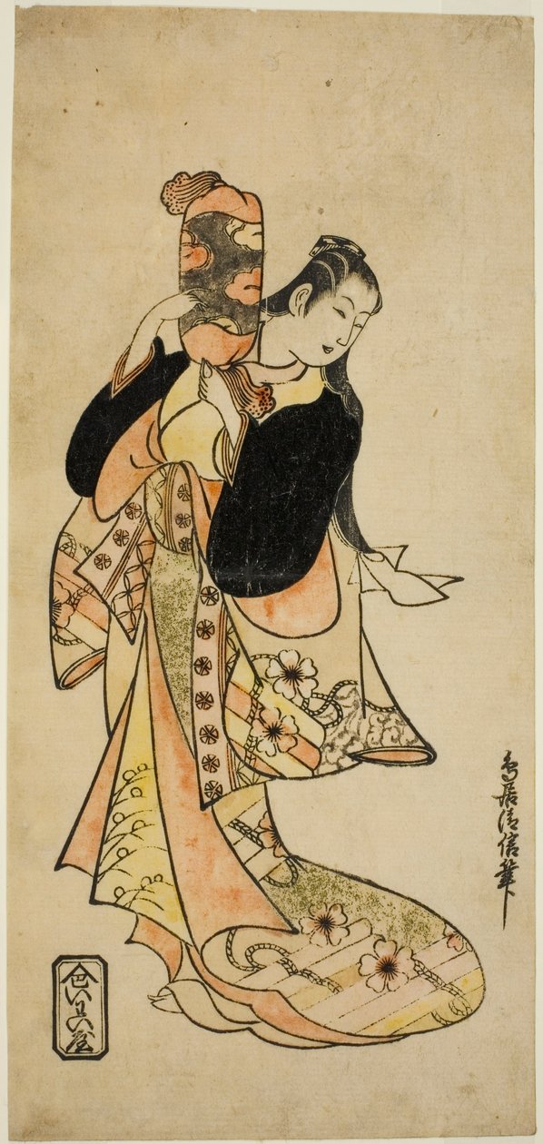 1721年正月（1721年）森田座で上演された芝居『にぎわい末広曽我』で大磯の虎を演じた初代市川門之助（？） 作： 鳥居清信I