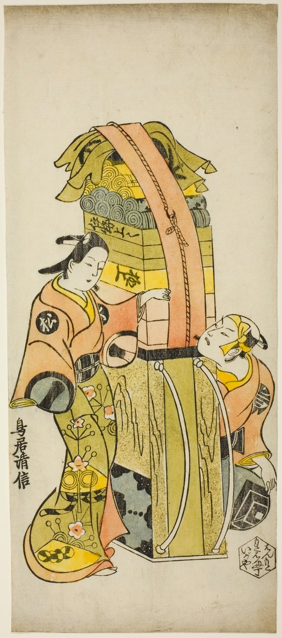 The Actors Ichikawa Danjuro II as Kamada Matahachi and Ichikawa Monnosuke I as Hisamatsu in the play "Osome Hisamatsu Shinju Tamoto no Shirashibori," performed at the Morita Theater, 1720 作： 鳥居清信I
