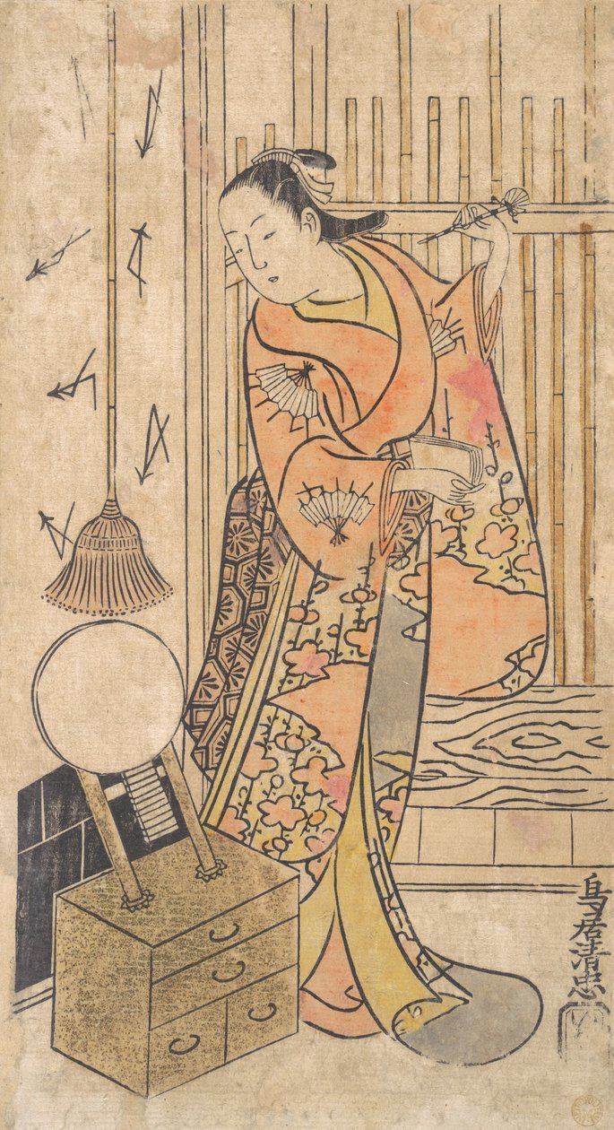 鏡台のそばに立つ女性役の俳優。 1735年。 作： 鳥居清忠