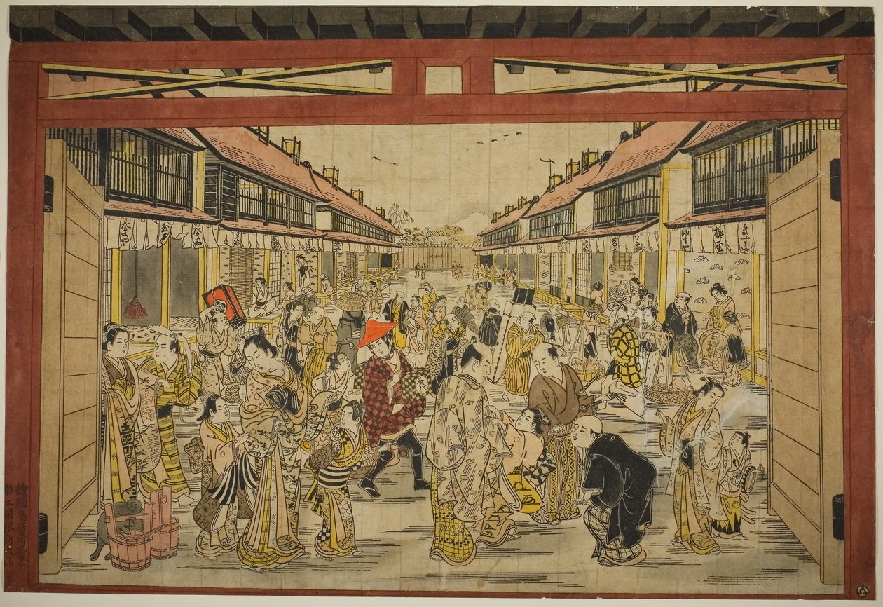 新吉原正門 1745年頃（手彩色木版画：拓本横絵・紅絵） 作： 鳥居清忠