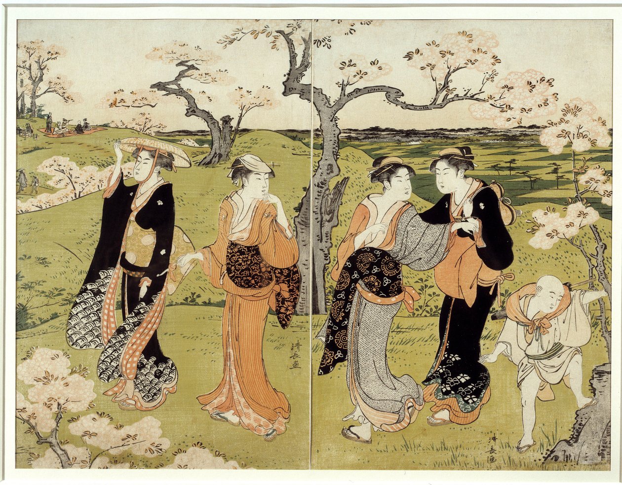 安佐赤山の桜の下でピクニック。 鳥居清長（1752-1815）による日本版画、浮世絵風 作： 鳥居九代長