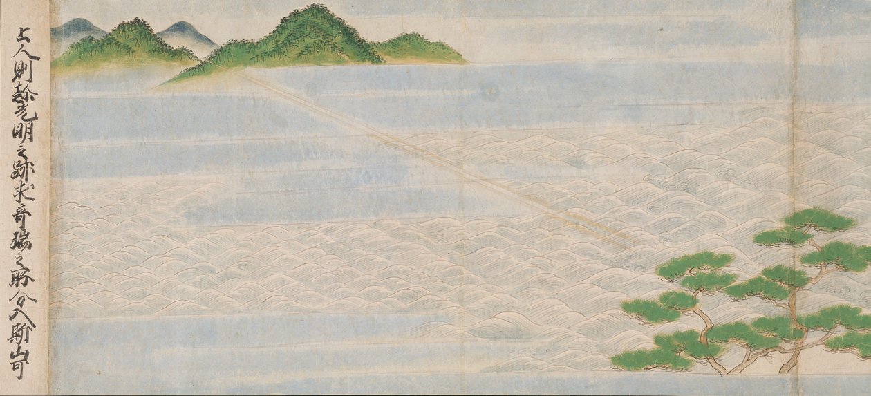 1495年室町時代、月峯寺、仏教寺院建立のイラスト（墨、色、紙に金） 作： 土佐光義