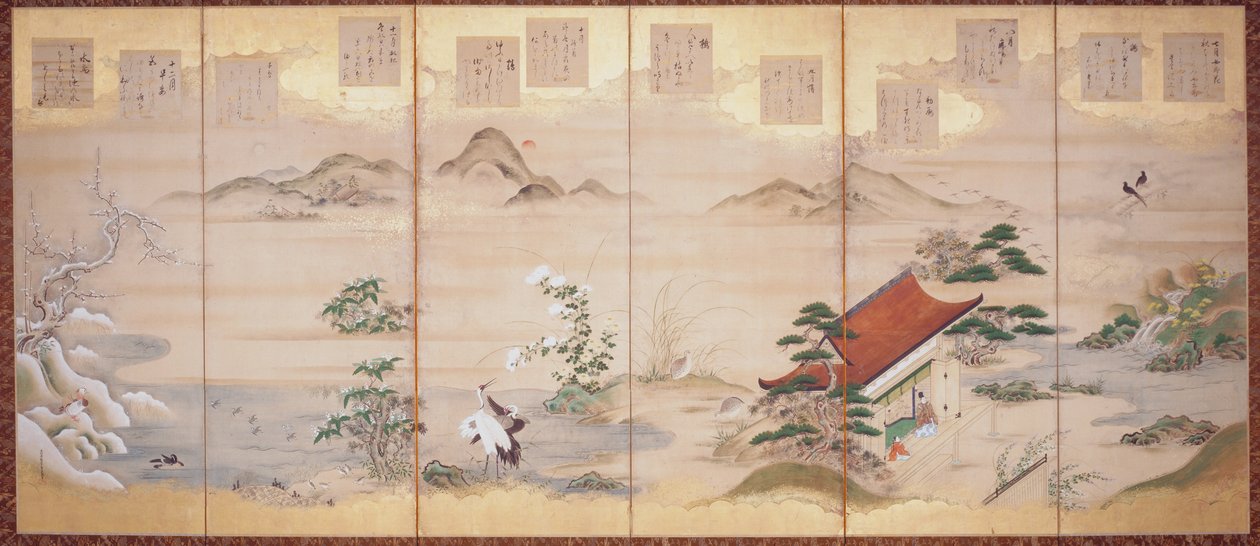 定家の十二ヶ月詩（紙本、墨、彩色、金箔、六曲屏風） 作： 土佐三成