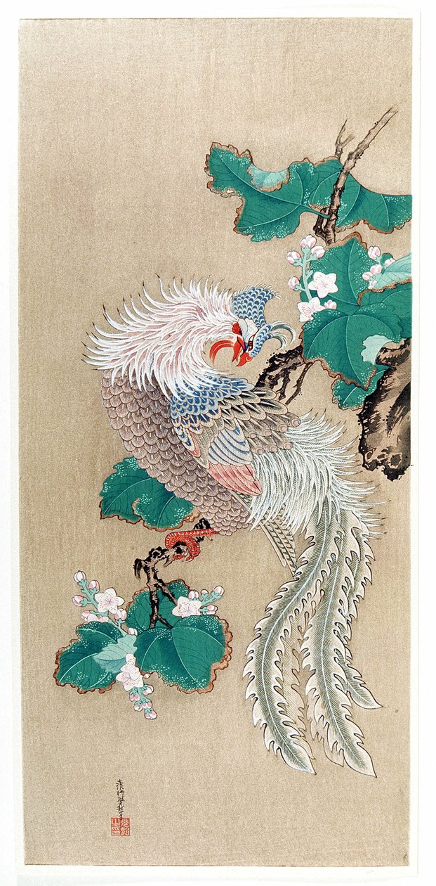 日本：フェニックス（鳳凰）の表現。土佐光興（1617-1691）の絹本画。