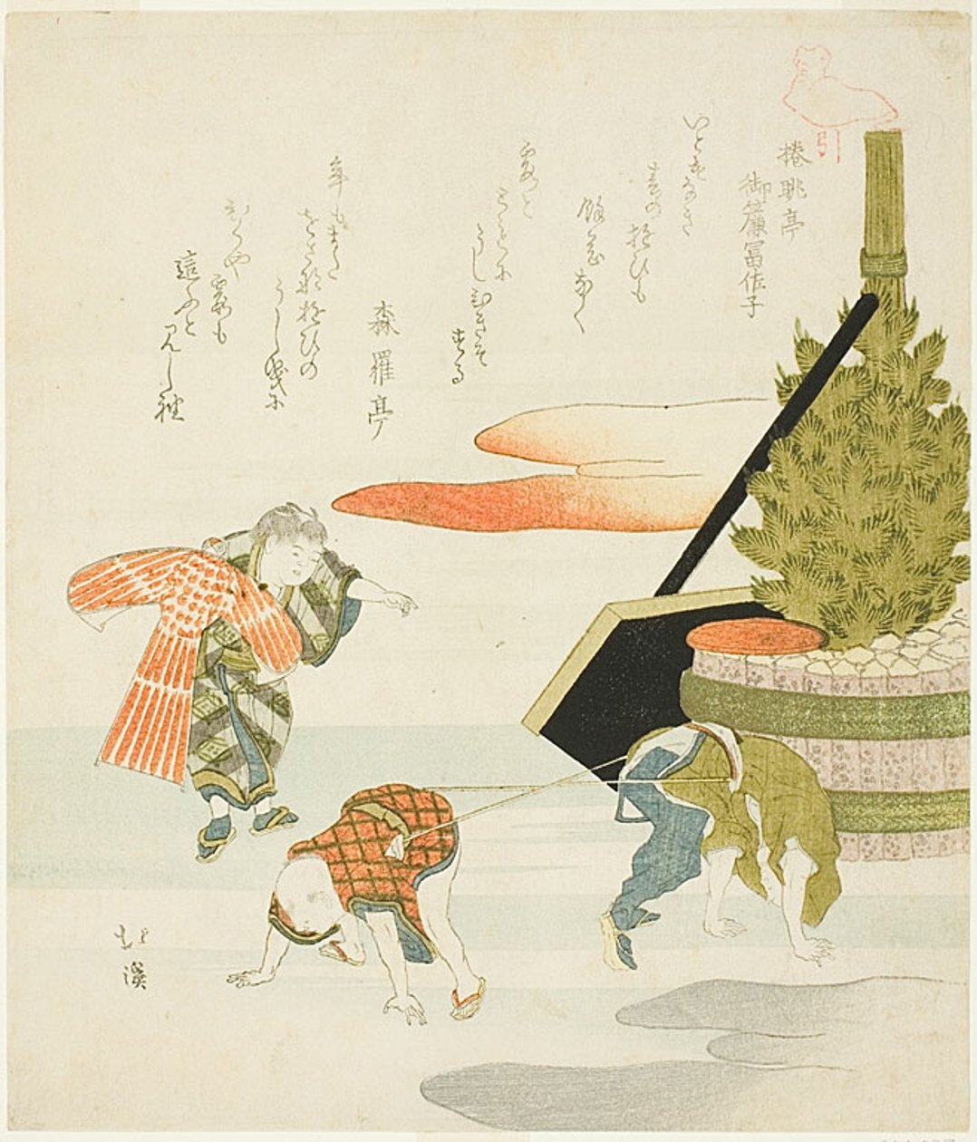 綱引きに興じる子供たち 作： 魚屋北渓