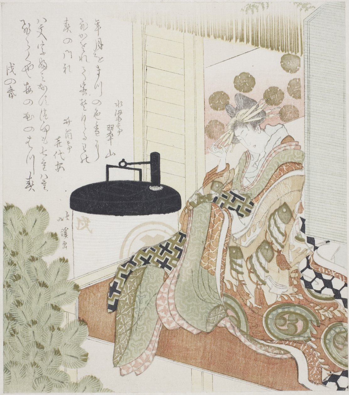 提灯の隣のベランダに座っている花魁 作： 魚屋北渓