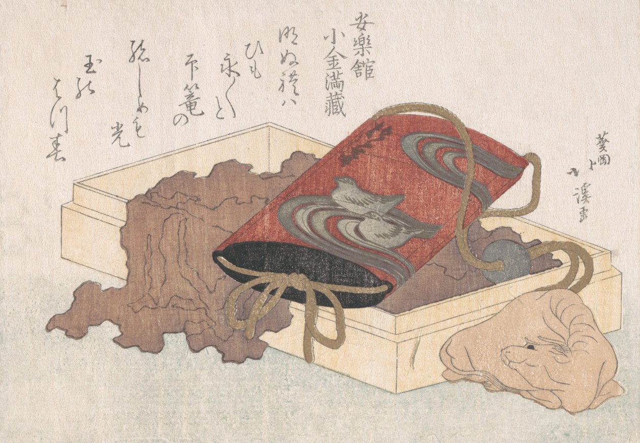 春雨の箱に水鳥と牛根付を描いた漆の印籠…、おそらく1817年。 作： 魚屋北渓