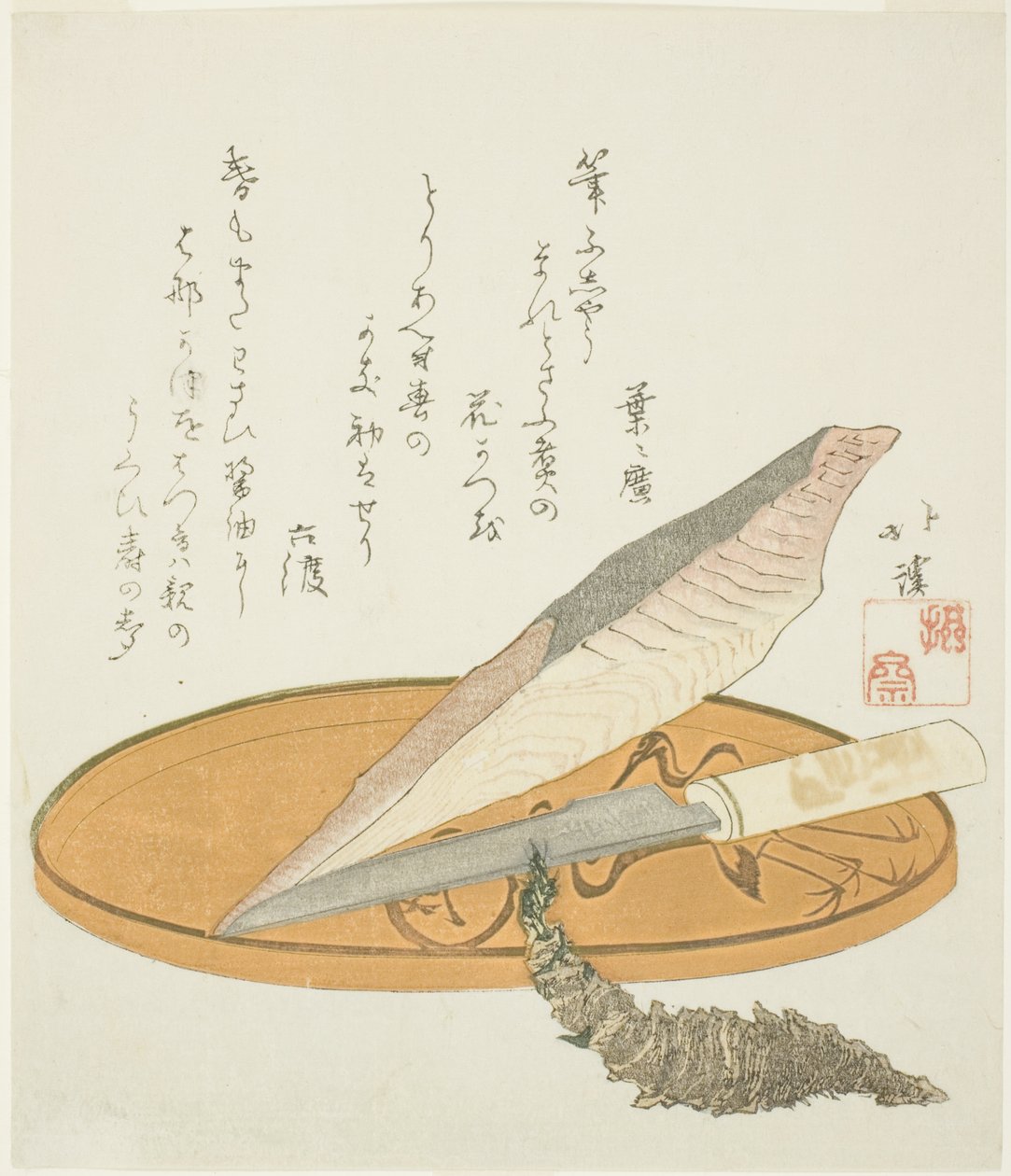 わさび鰹節と包丁の漆皿 作： 魚屋北渓