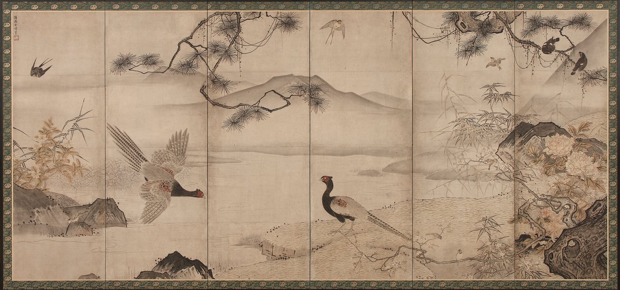 四季の鳥と花：春と夏、室町時代、15〜16世紀初頭（紙にインクと色） 作： 東洋雪舟