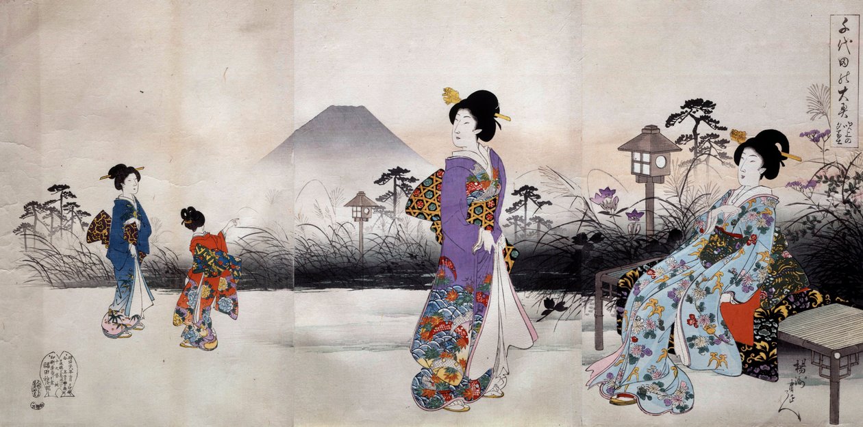 富士山の前を歩く日本の女性たち 豊原親展（1838-1912）の日本の版画 1896年 個人蔵 作： 豊原親信