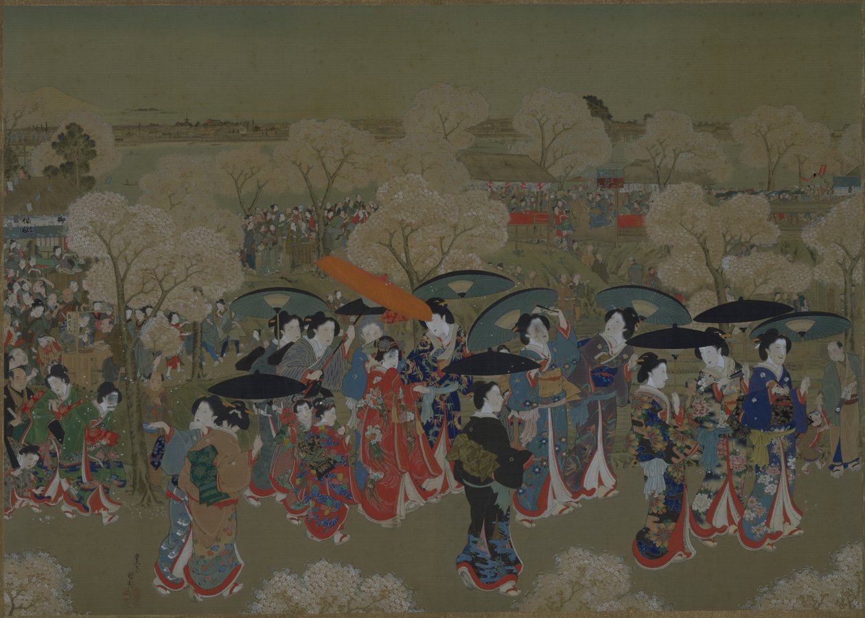 隅田川の桜を眺める美人たち 作： 豊原国周