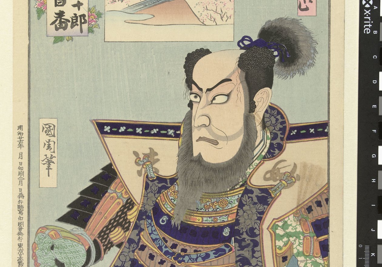 Ichikawa Danjuro IX als Kato Kiyomasa Kato Kiyomasa (title on object) Honderd rollen van Ichikawa Danjuro IX (series title) Ichikawa Danjuro engei hyakuban (series title on object) 作： 豊原国周