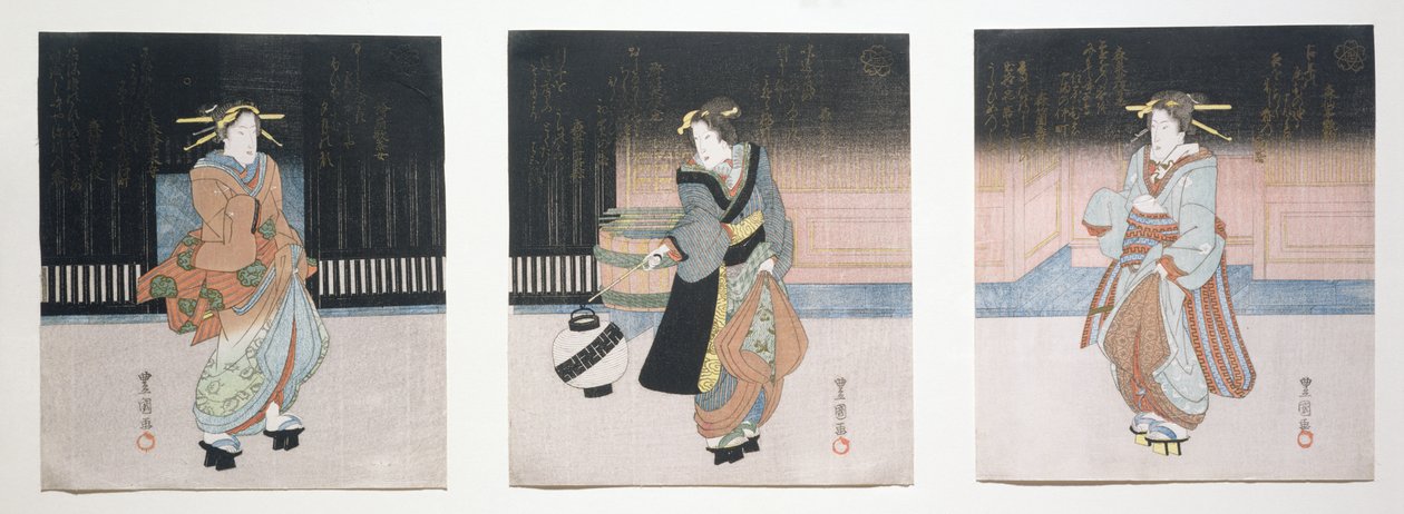 夜の三連祭壇画、1818-30年の芸者（版画の彫刻） 作： 豊国II