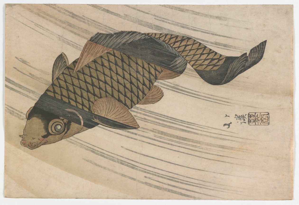 コイスイミングアップストリーム、江戸時代、1820年代半ば（色木版画） 作： トヨタ北渓