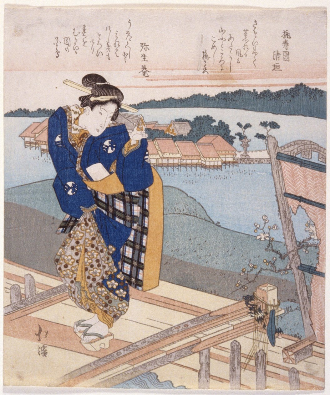 Nainen seisomassa sillalla (värillinen puupalikkaprintti (surimono)) 作： トヨタ北渓