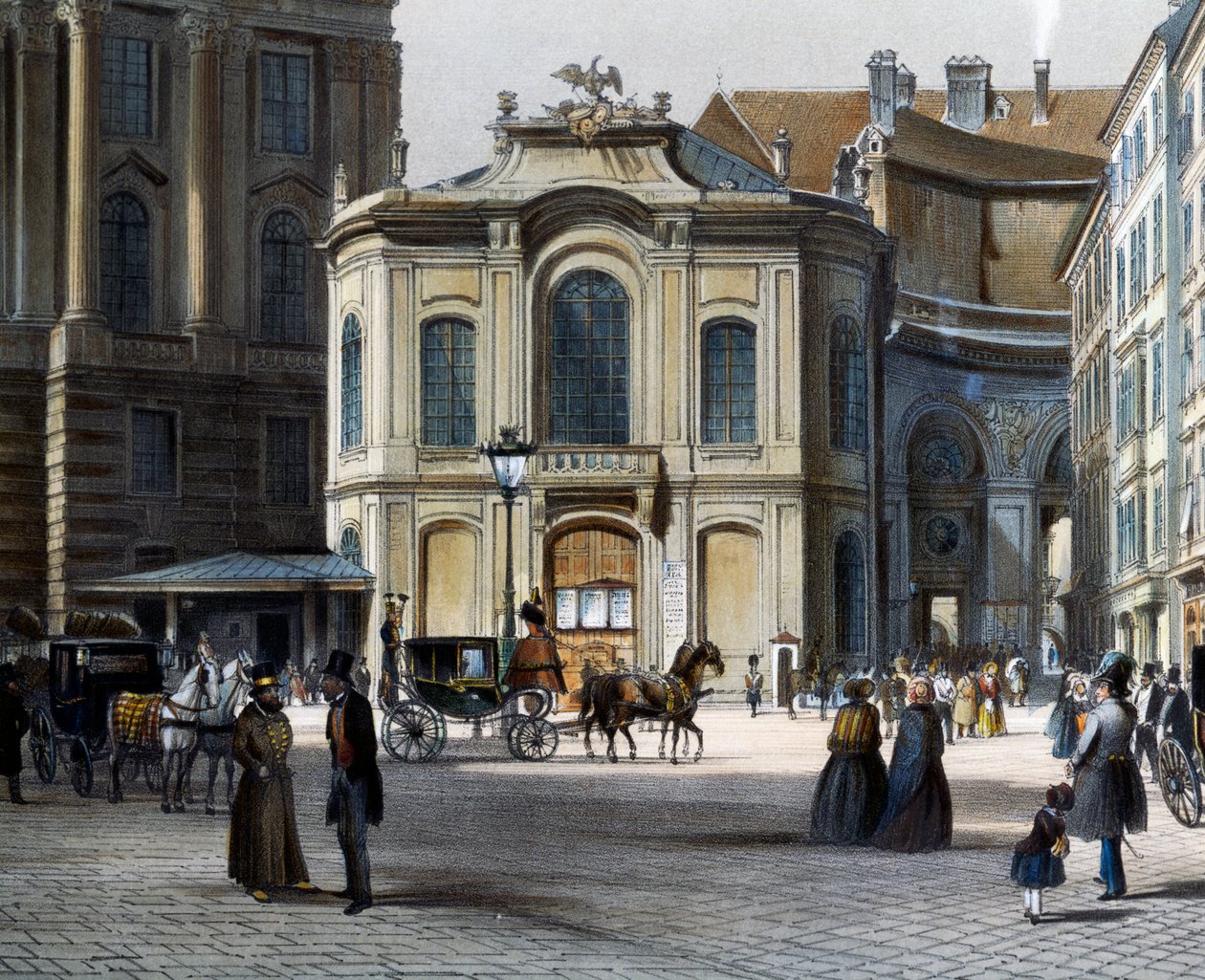 Burgtheater em Viena Michaelerplatz com Winterreitschule (escola de equitação de inverno) à direita, por Tranquillo Mollo (1767-1837), gravura colorida, Áustria 作： トランクイロ・モロ