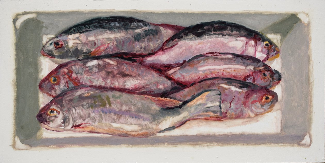 魚の木箱1（ビリングズゲート、ロンドン）2016年（油彩・板） 作： トレバー・バージェス