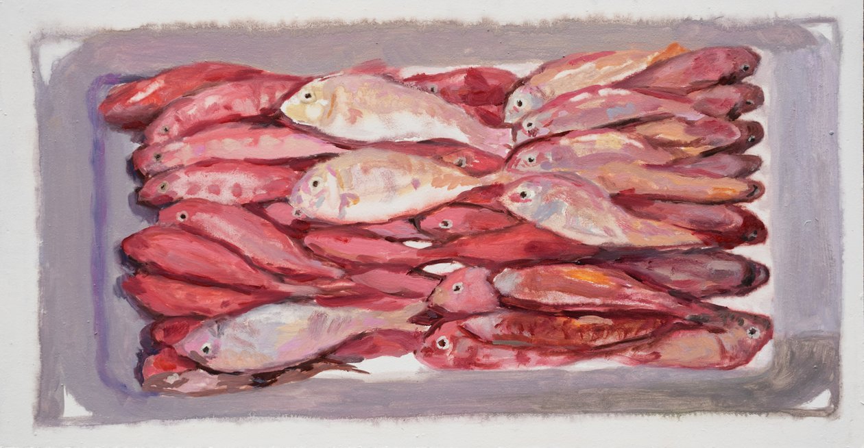 魚の木箱4（ビリングズゲート、ロンドン）2016年（油彩・板） 作： トレバー・バージェス
