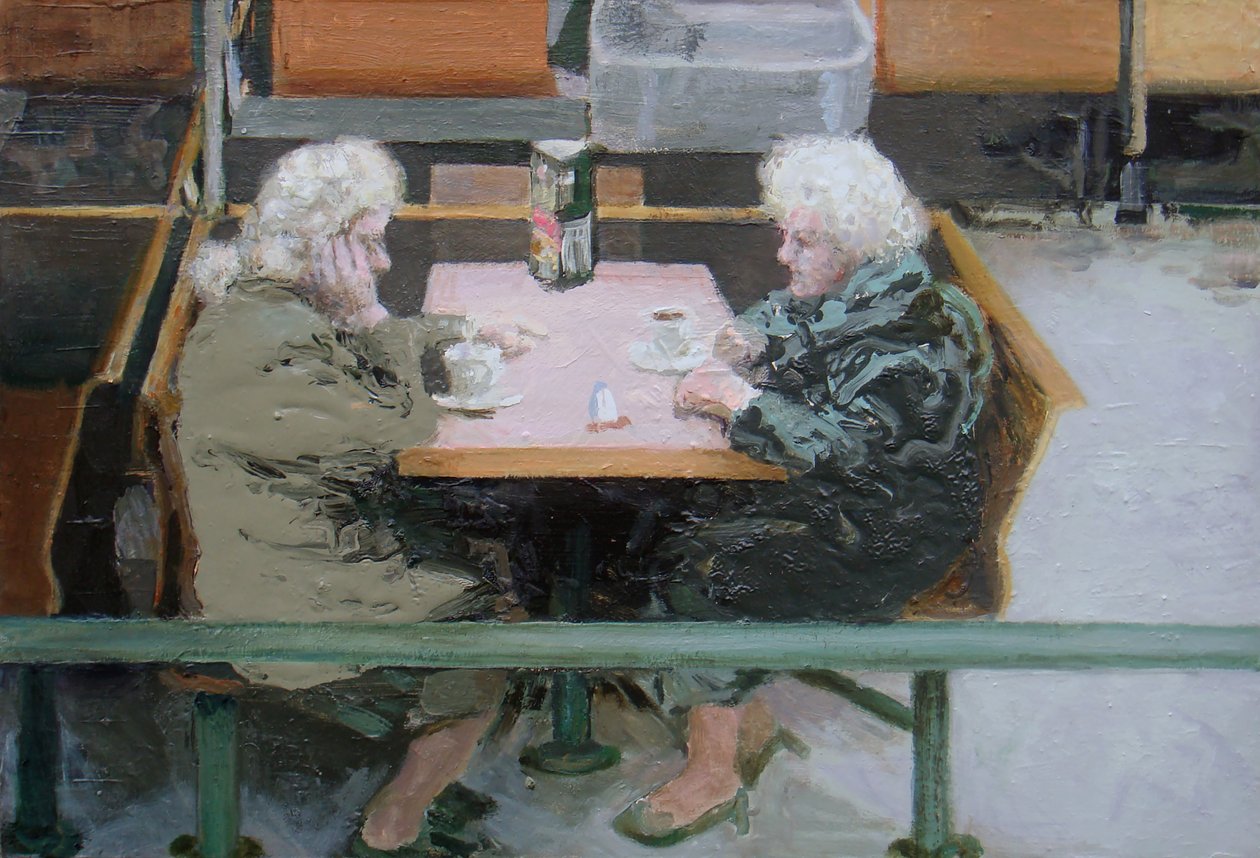 お茶を飲みながら, 2010 (油彩・板) 作： トレバー・バージェス
