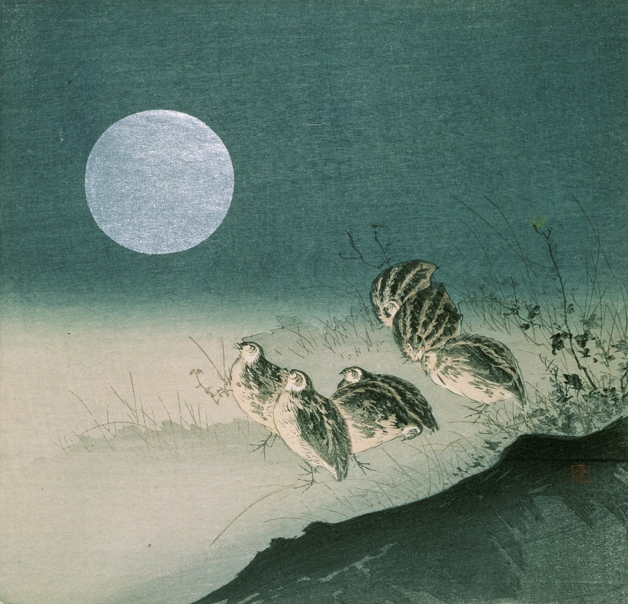 ウズラと満月、1900年代初頭（色木版画） 作： 月岡工業