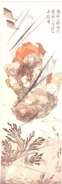 19世紀の小説「水光伝」より、水中戦闘中のロリハクチョ・チョジュンとコクセンプ・リ・キ（色版画） 作： 月岡芳年