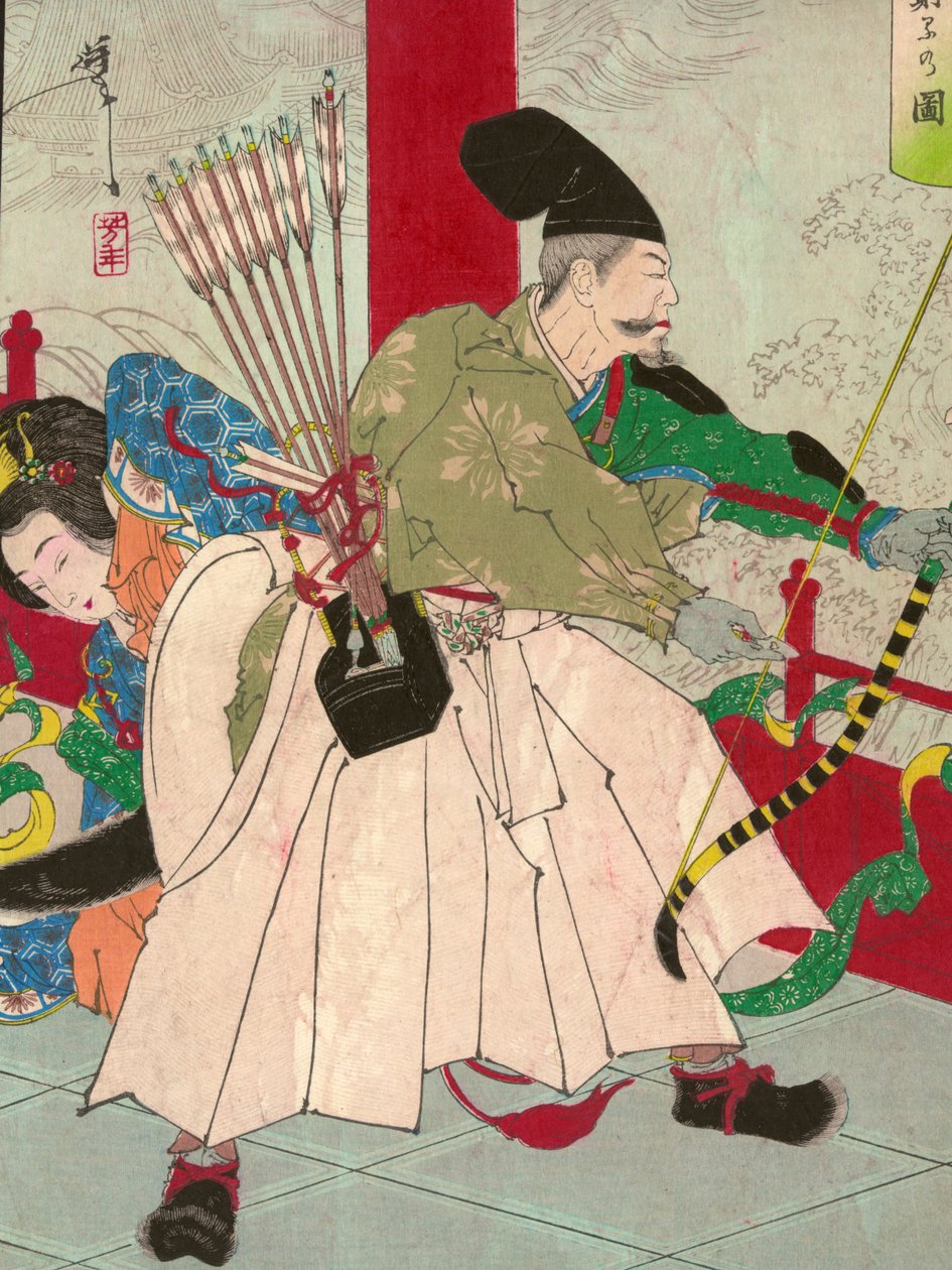悪魔の茨城のパブにある弓矢の渡辺の綱。 c.1880（手塗りの木版） 作： 月岡芳年