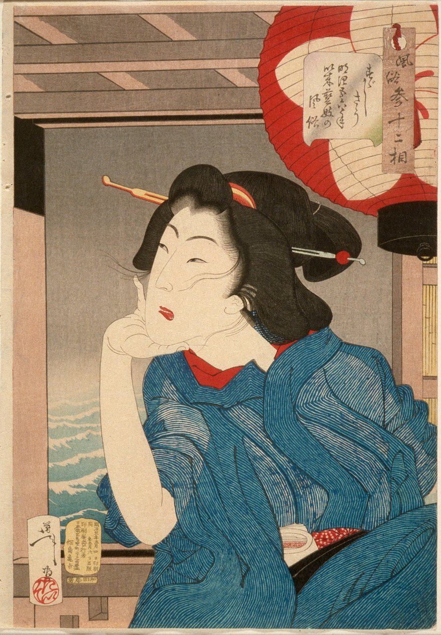 涼：1870年代半ばの舟に座る芸者 作： 月岡芳年