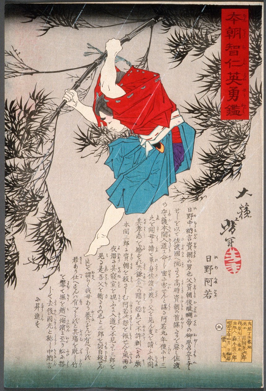 竹から跳び降りる日野熊若 作： 月岡芳年