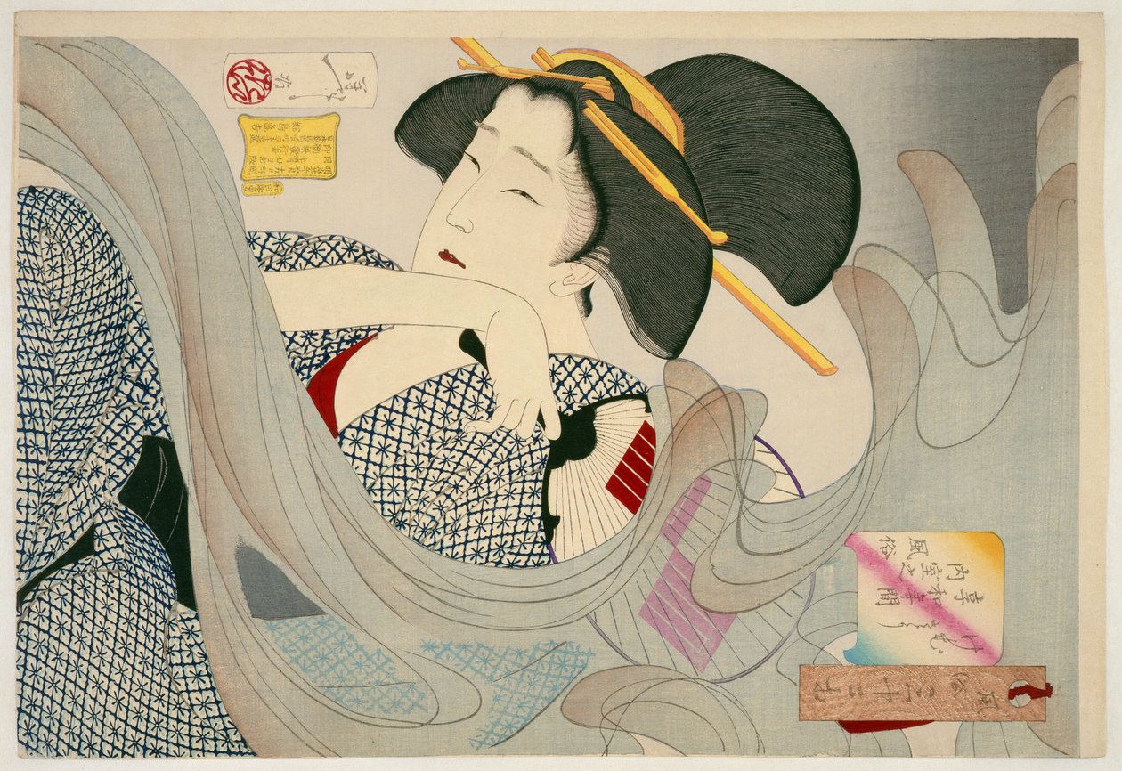 Looking Smoky. A Housewife of the Kyowa Era Kemuso Kyowa nenkan naishitsu no fuzoku, 1880 (woodblock print) 作： 月岡芳年