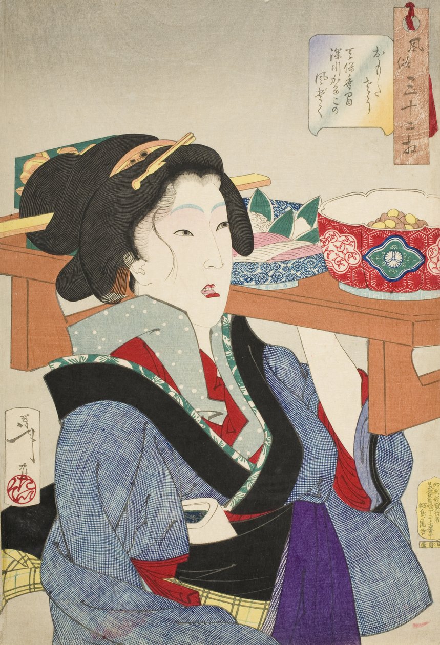 重荷を背負ったような様子：天保時代の深川における女給の振る舞い 作： 月岡芳年