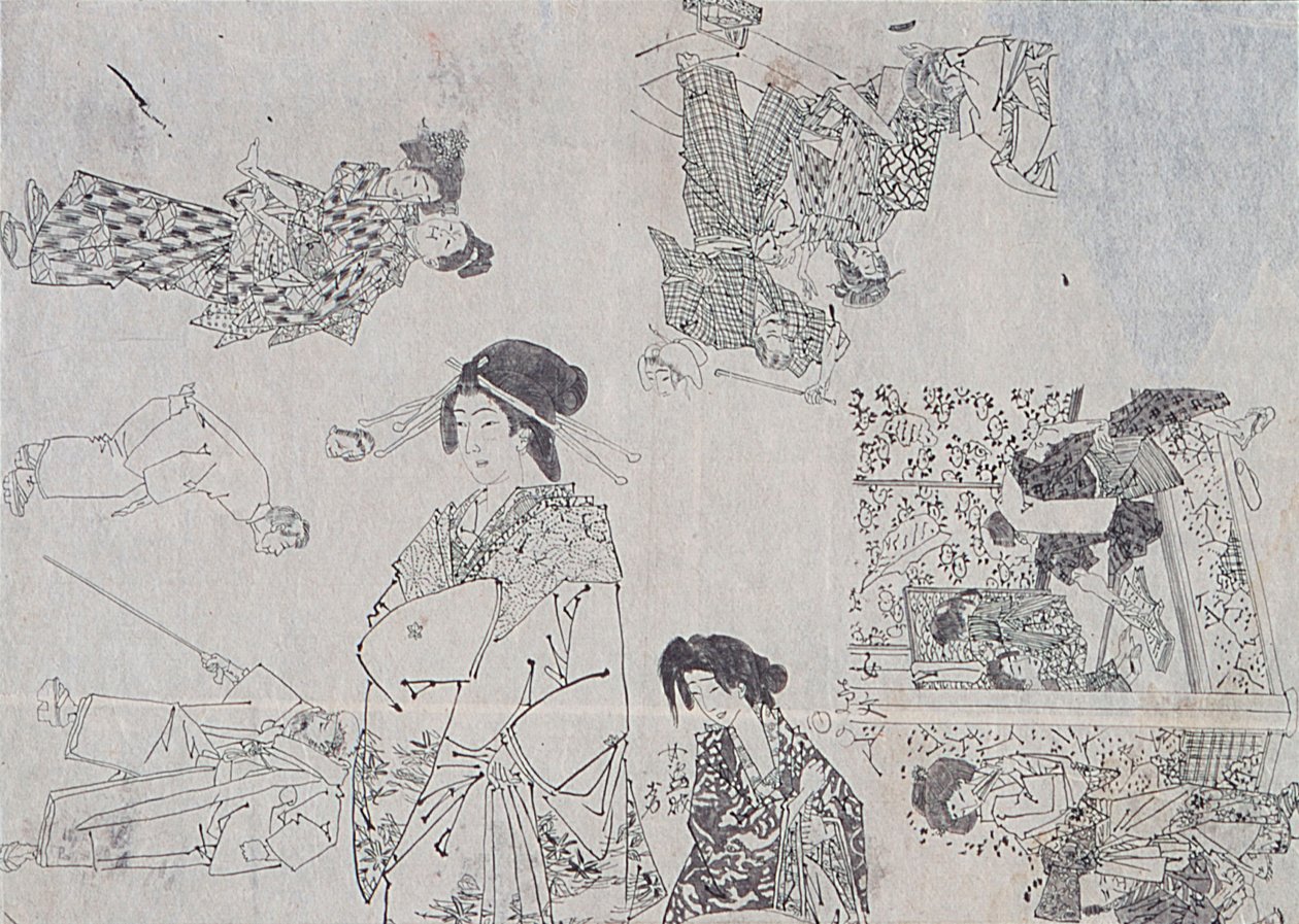 メロドラマの挿絵のための準備素描 作： 月岡芳年