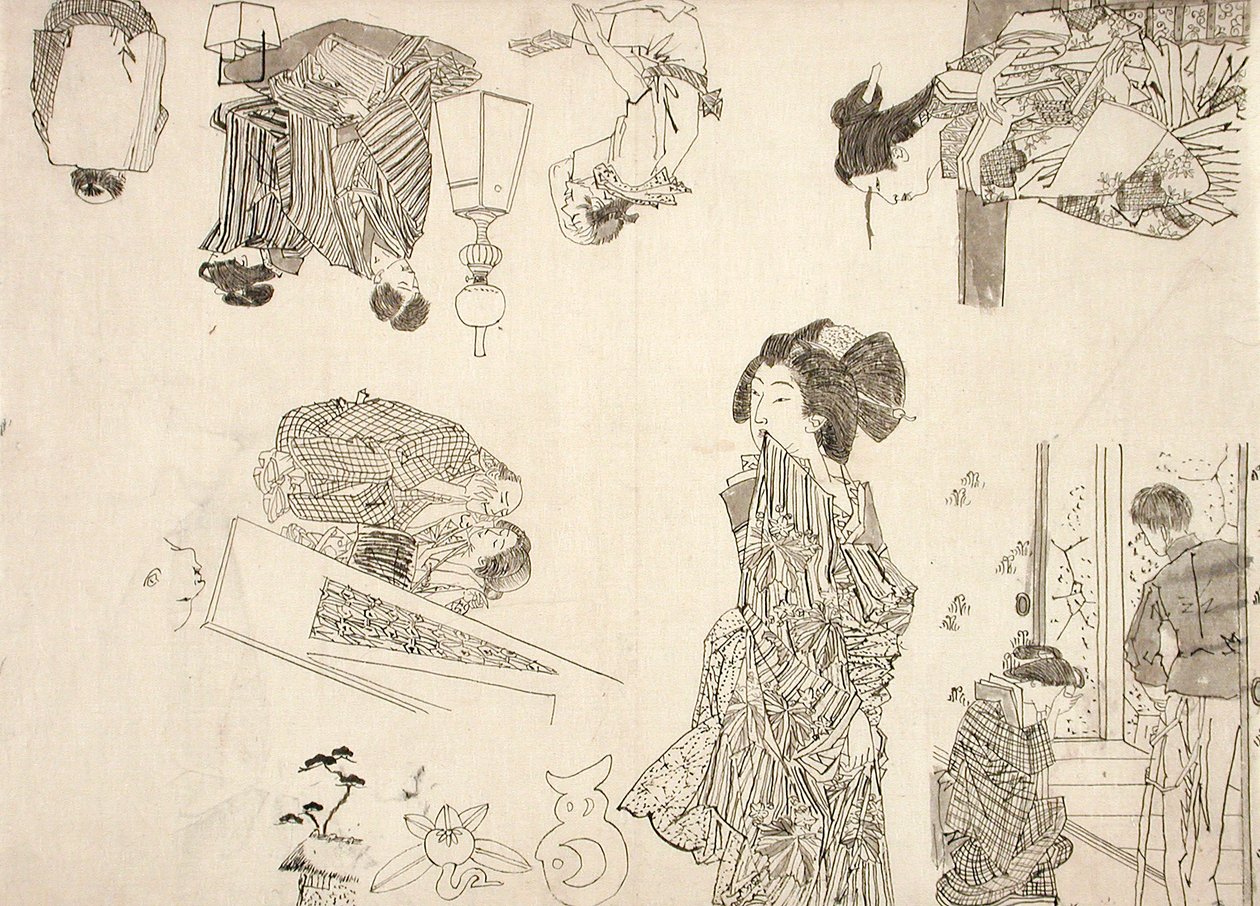 メロドラマの挿絵のための準備素描 作： 月岡芳年