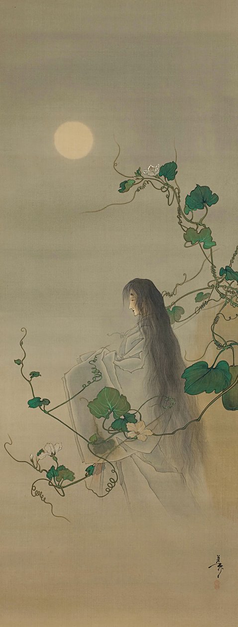 ムーンフラワーのつるに絡みついた故人の幽顔の精神...、ca。 1892年。 作： 月岡芳年