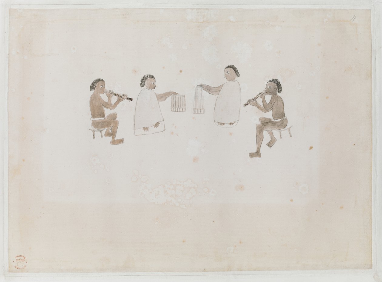 MS 15508 f.11 タヒチのミュージシャン、1770 年 6 月 (紙に水彩) を追加 作： トゥパイアトゥパイア