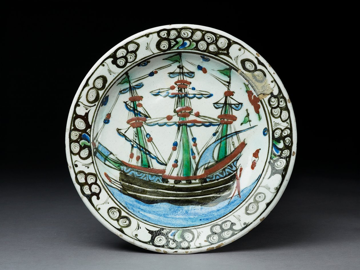 下絵の装飾が施された石貼り皿、イズニック、c.1620-30（セラミック） 作： トルコ語学校