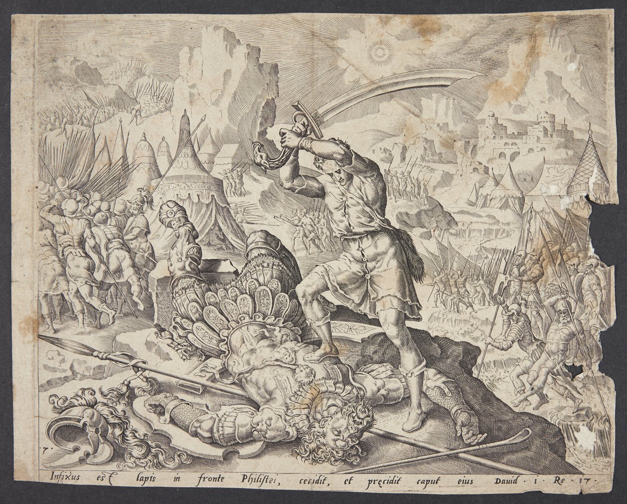 サウルのためにゴリアテの頭をダビデに差し出すアブネル 作： Ubekendt efter Maarten van Heemskerck